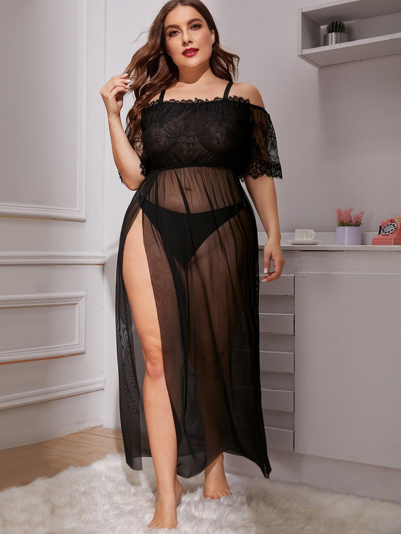 Plus Long Lace & Mesh Split Hem Gown With G-String – Curvy – 10361